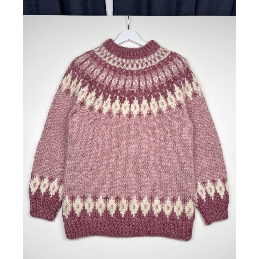 VTG 80s Nethy Products Pure Wool Sweater Fair Isle Scotland Pink Medium